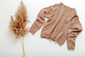 Knitted soft beige sweater on hanger with reed branch. Warm stylish homewear winter spring outfit brown warm knitted sweater with cortaderia branch flower pampas grass. Cashmere sweater fly on white