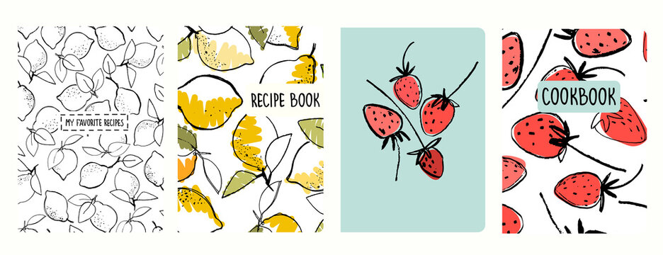 Cover page templates for recipe books based on seamless patterns with lemons and strawberries