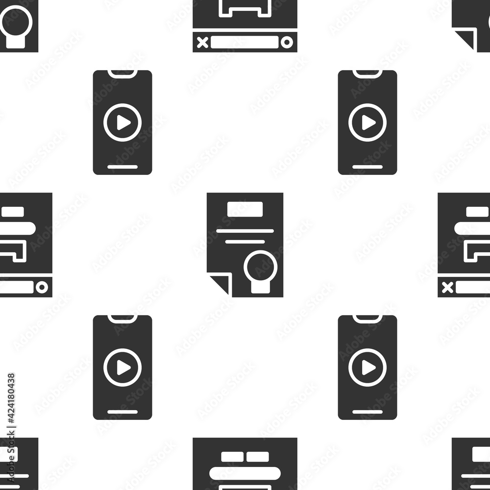 Poster set browser window, certificate template and online play video on seamless pattern. vector