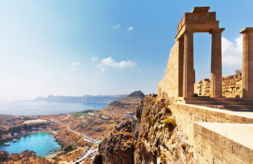 Greece. Rhodes Island. Acropolis of Lindos. View from the height of ancient temple of Athena Lindia...