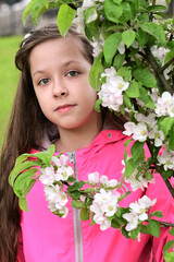 beautiful girl with long hair among the white flowers of a blooming apple tree