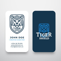 Line Style Tiger Face Shield Abstract Vector Logo and Business Card Template. Wild Animal Head Sillhouette Incorporated in a Shield Frame. Premium Stationary Realistic Mock Up. Isolated
