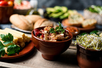 baby sweetcorn, escalivada, and sprouted kale seeds