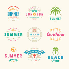 Summer holidays labels and badges retro typography design set.