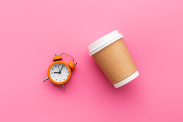 Paper coffee cups with coffee beans. Top view
