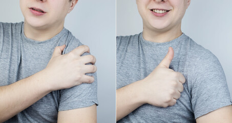 Before and after shoulder pain. Arthritis. Diseases of the joints. In the photo on the left, the...