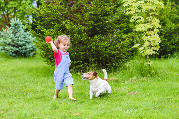 Little girl running barefoot on green grass lawn at backyard and throwing ball toy to dog