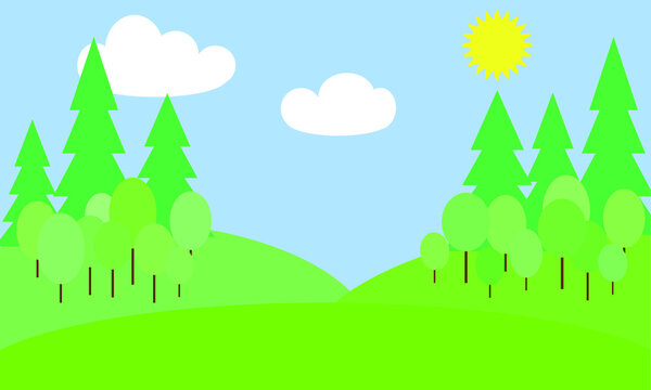 Green hills, forest and blue sky cartoon landscape. Trees wallpaper vector scenery background