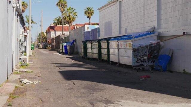 A row of dumpsters in a dirty alley