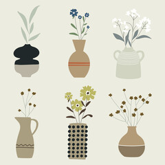 Collection of wild and garden blooming flowers in vases isolated on bright background. Vector bundle of bouquets. Set of decorative floral design elements.