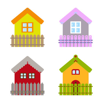 Set of cute houses on white background. Life in a country house concept.