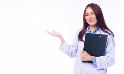 Cheerful young woman doctor in uniform with stethoscope holding clipboard isolated on white background. Smile female medical looking at camera while standing on white background. Healthy care concept.