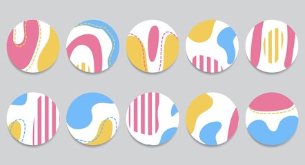 Set of abstract highlights templates for social media in pink, yellow and blue. Abstract shapes. Doodle shapes in contemporary style. Vector illustration.