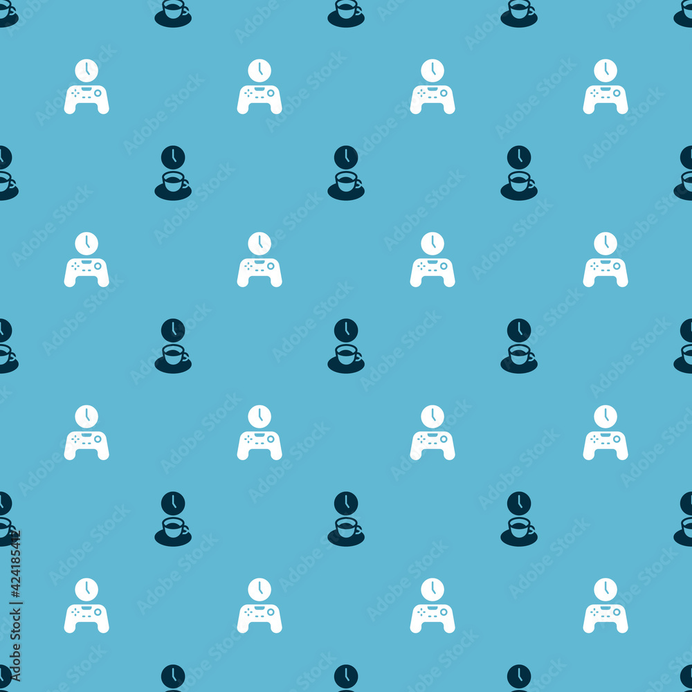 Poster set coffee time and gamepad on seamless pattern. vector