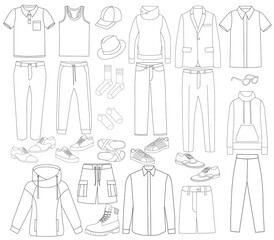 vector, isolated, contour, sketch set of mens clothing