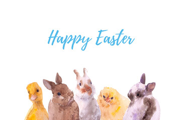 Hand-drawn watercolor chickens, duckling and bunnies, holiday Easter card,