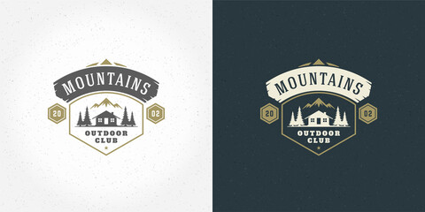 Forest camping logo emblem vector summer camping illustration mountains with cabin and pine trees silhouettes - obrazy, fototapety, plakaty