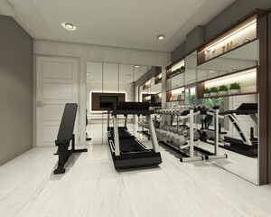 Interior of Gym room in minimalist and modern style. Fittness center with Display Cabinet.
