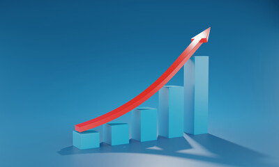 Statistics business 3d graph bar chart. 3D rendering infographic with red arrow steps growing on a blue background. Concept illustration business chart