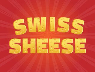 Vector banner with the inscription Swiss cheese on a red background with rays from the center. Cheese and starburst banner