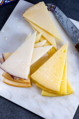 Spanish snacks tapas, variety of sliced goat, sheep, manchego cheeses
