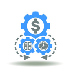 Gears mechanism with dollar, calculator, clock vector icon. Financial operations symbol. Finance management sign.