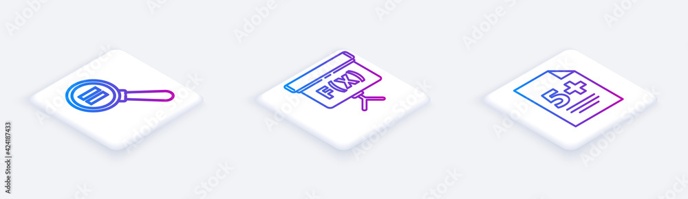 Poster set isometric line paper clip, geometric figure cube and calculator. white square button. vector