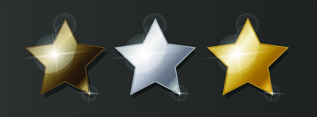 Set of realistic 3d stars. Bronze, silver and gold star on a black background. Leadership symbol. Rating sign. Vector
