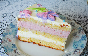 a delicate strawberry cream cake for a birthday celebration. sweet dessert with cream, pie.
