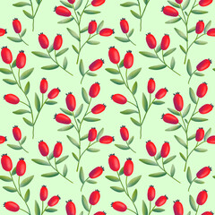 Red Rosehips with flowers and berries seamless pattern for tea. Black and white Graphic drawing, engraving style. hand drawn illustration on green background
