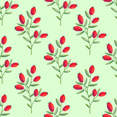 Red Rosehips with flowers and berries seamless pattern for tea. Black and white Graphic drawing, engraving style. hand drawn illustration on green background