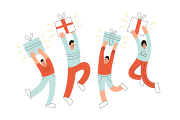 Jumping people with presents. Flat modern illustration of dancing customers with a gift. Vector concept for birthday party or discounts sale promotion voucher.