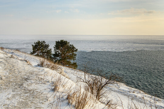 Sourse of the Angara from Baikal lake in winter. Listvyanka, Irkutsk Region, Russia