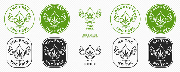 Conceptual stamps for packaging pharmaceutical, medical, cosmetic products. Marking - THC free. Cannabis extract drops with plant leaf and ingredient line. Vector elements.