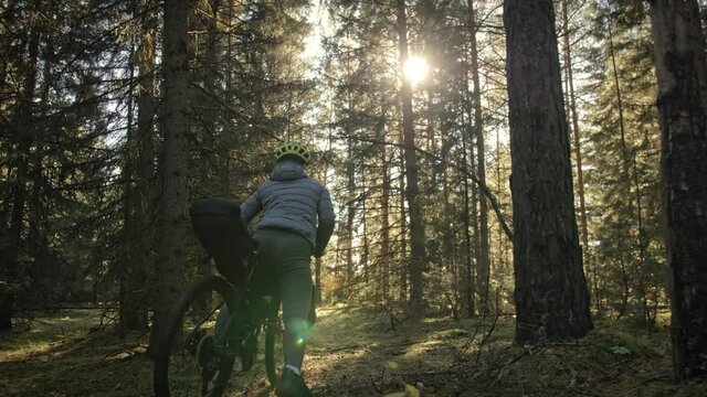 The woman travel on mixed terrain cycle touring with bike bikepacking. The traveler journey with bicycle bags. Magic forest park.