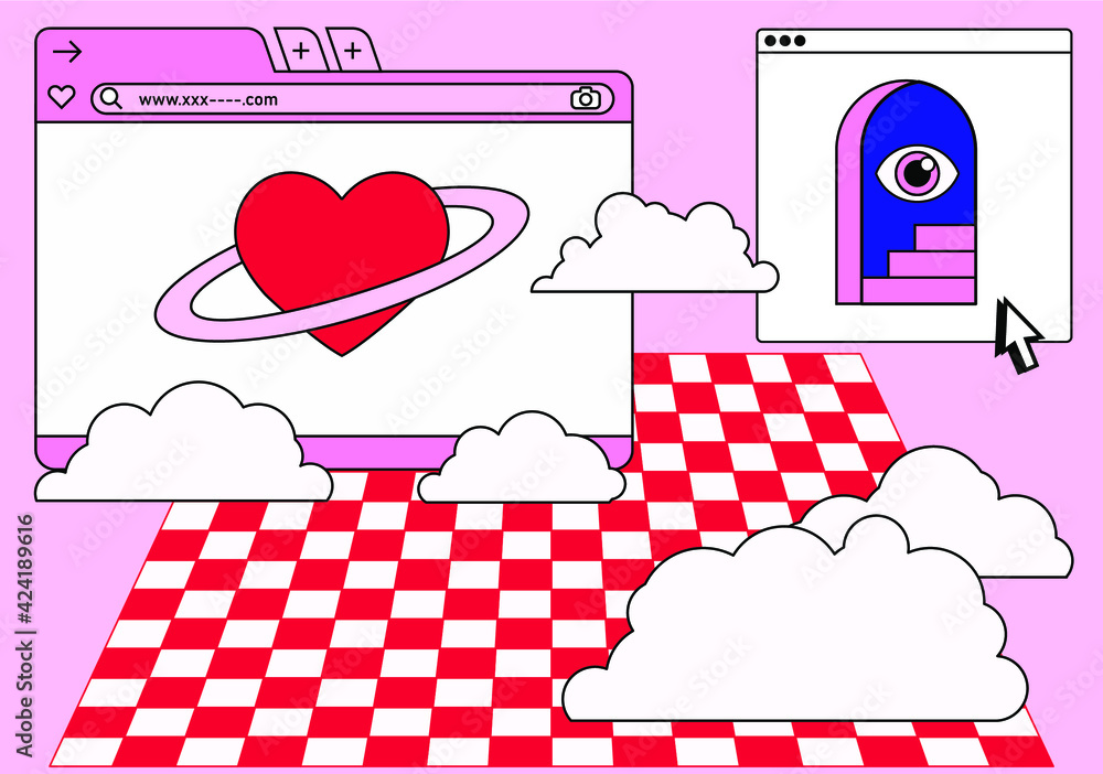 Poster Retro vaporwave desktop with message boxes and user interface elements. Conceptual illustration of dating app.