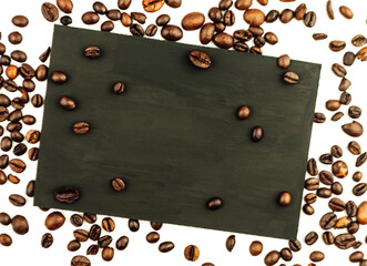 rectangular board with place for text and with coffee beans on white isolated background. Mockup for advertising, place for text, top view