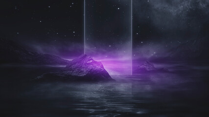 Futuristic fantasy night landscape with abstract landscape and island, moonlight, radiance, moon, neon. Dark natural scene with light reflection in water. Neon space galaxy portal. 3D illustration.	
