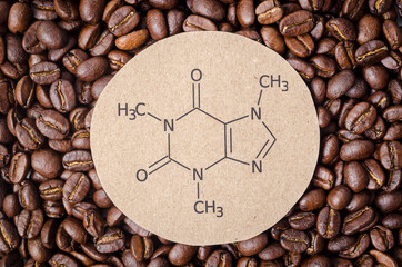 Structural chemical formula of caffeine molecule with roasted coffee beans.