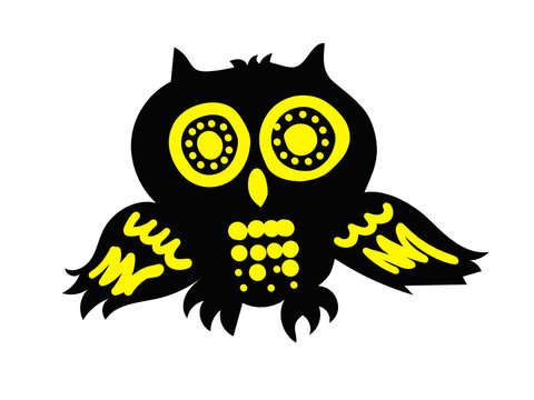eagle owl stylized drawing black with yellow eyes.