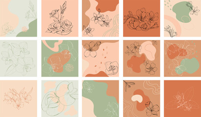 INSTAGRAM TEMPLATES of abstract shapes and botanical flower in in natural, delicate colors. Modern shapes and hand drawn line, botanical flower. Instagram Post Templates