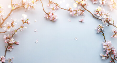Flowering Spring, sakura blossoming branches on light blue background with bokeh, light. Happy...