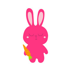 A cute sleepy pink bunny holding a carrot in its paw. Easter bunny and carrot isolated on white background. Vector graphics.