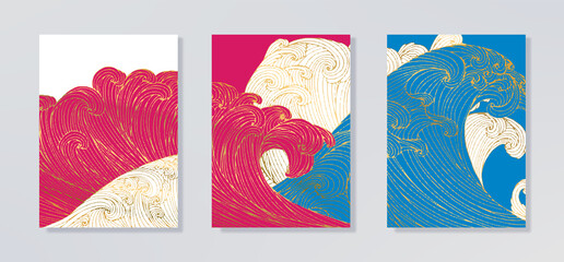 Line art design of waves, mountain, modern hand-drawn vector background, gold ink pattern. Minimalist Asian style.