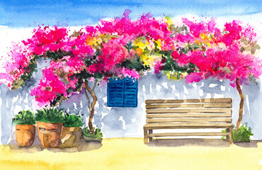 Watercolor illustration of a white house facade with a bright pink bougainvillea winding up the wall and a wooden bench in its shadow