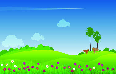 Beautiful green field with palm trees, bushes, flowers, Cattle and blue sky