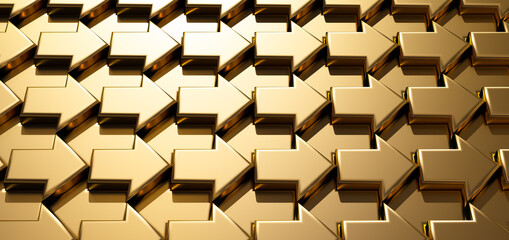 Gold bars. Arrows. Arrays. Seamless pattern background. Gold reserves. Investment. Tiles. Template for web design or wrapping. Banking. Rich lifestyle. Luxury background.  3d render.