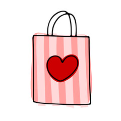 Cute doodle paper shop packages. Hand-drawn color present bag isolated on white background. Heart, stripes surprise. Holiday, Valentines Day, Happy Birthday gift, Sale symbol. Vector love illustration