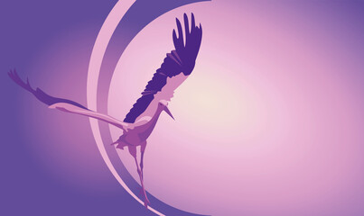 Flying stork with beautiful wings on a lilac-pink background.