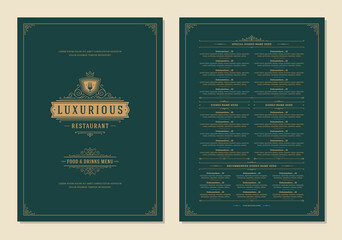 Menu design template with cover and restaurant vintage logo vector brochure.